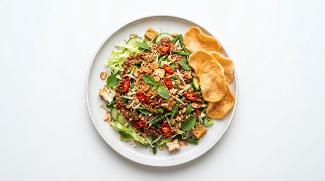 Top Down Flat Lay Indonesian Karedok Fresh Cucumber Bean Sprouts Cabbage Long Beans Basil Tofu Peanut

