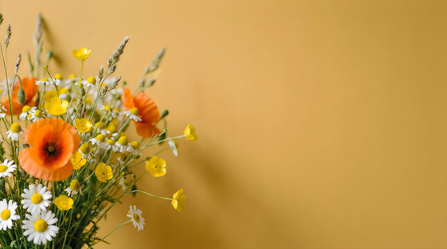 A beautiful bouquet of wild summer flowers including bright orange poppies and white daisies on a plain background