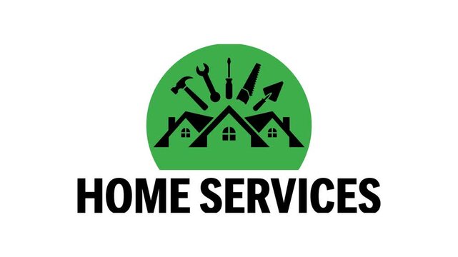 Animated logo with tools above houses and text 'HOME SERVICES', clean motion graphics