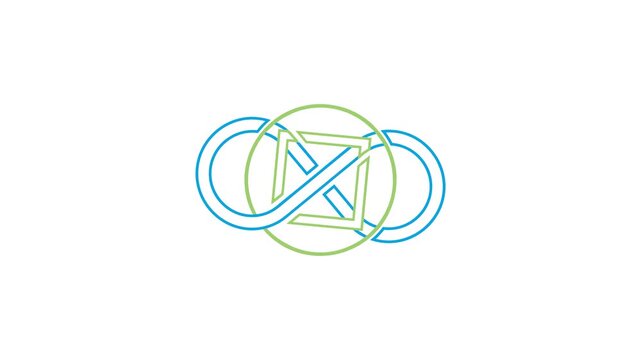 Abstract geometric design with interlocking blue and green loops and squares, seamless motion graphics