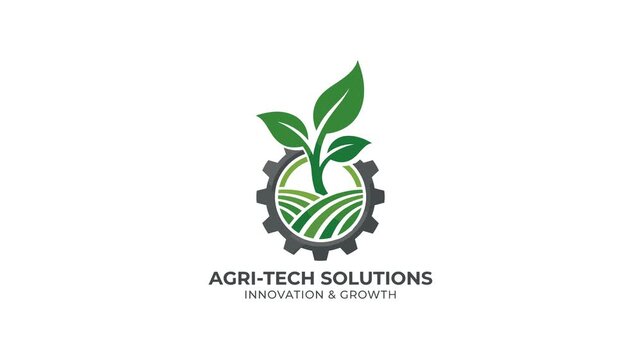 Animated logo with gear, plant, and fields, representing agricultural technology and growth, clean motion graphics