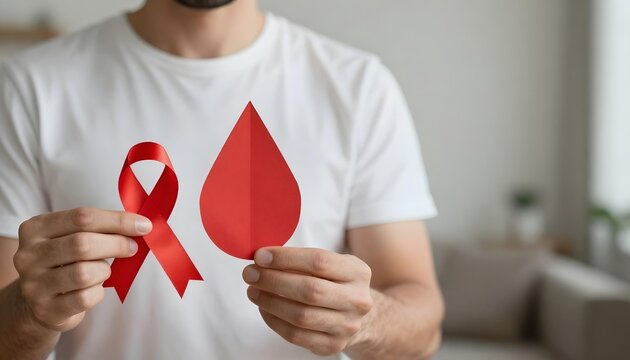A man raises a red ribbon alongside a paper cutout of a blood drop, highlighting the fight against blood cancer and promoting awareness