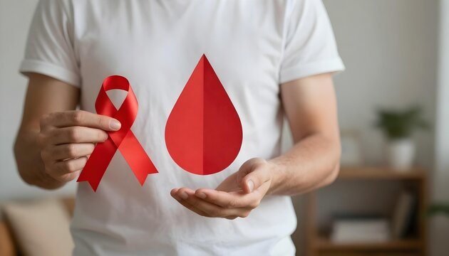 A man presents a red ribbon and a paper blood drop cutout, emphasizing the importance of awareness and support for blood cancer patients