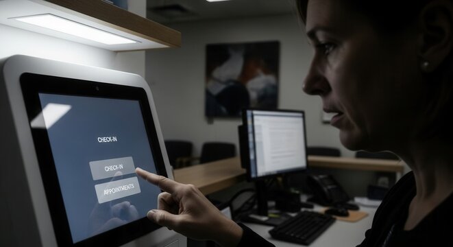 Woman Using Self-Service Kiosk For Check-In At Reception Desk