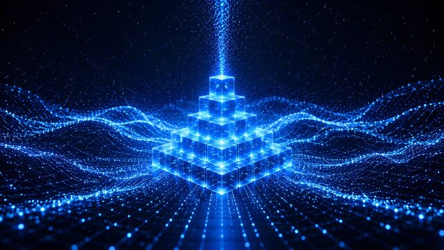 Glowing blue cube pyramid structure on a digital grid background. Concept of big data architecture, blockchain network, and cybersecurity.