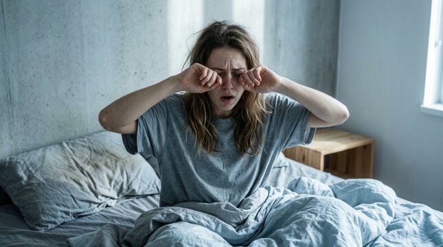 Woman Wakes Up Feeling Sleepy And Tired While Rubbing Her Eyes In Bed