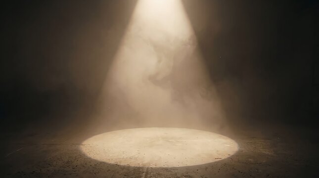 A single bright spotlight shining down from above creating a circular illuminated area on a dark textured floor background scene