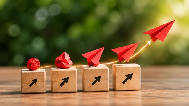 Red crumpled paper and flying airplanes on wooden arrow blocks with glowing light trail. Concept of sustainable business growth and startup strategy.