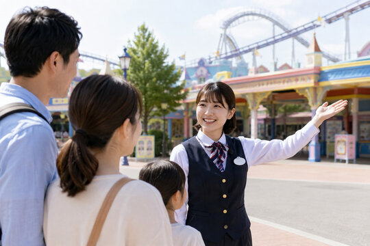 遊園地を案内するスタッフ