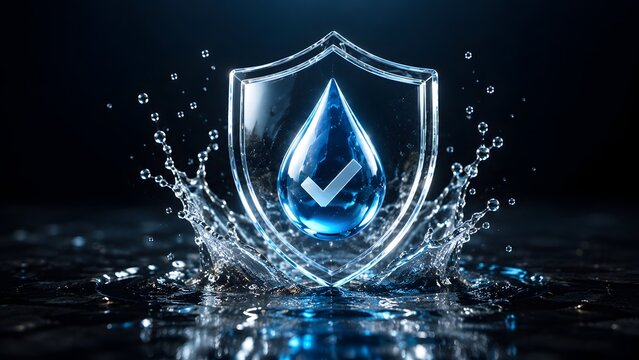 Glass shield containing blue water drop with checkmark amidst dark splashing ripples. Concept of industrial water treatment and resource protection.