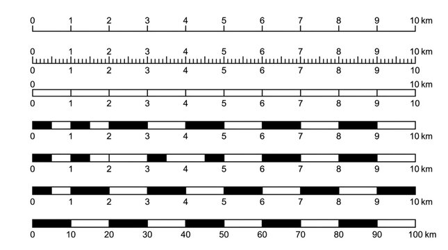 Various map scale bars showing ten kilometer units with black white and grey vector graphic lines