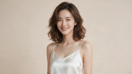 Obraz premium Smiling Young Woman Portrait Wearing Satin Camisole Elegant Natural Beauty and Confidence