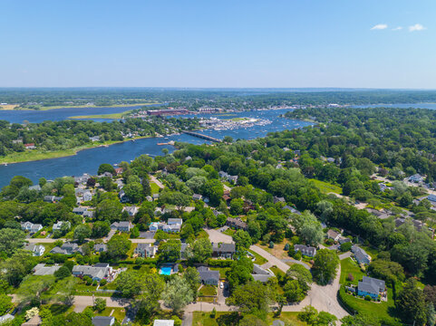 Historic waterfront building aerial view on Barrington River in historic town of Barrington, Rhode Island RI, USA. 
