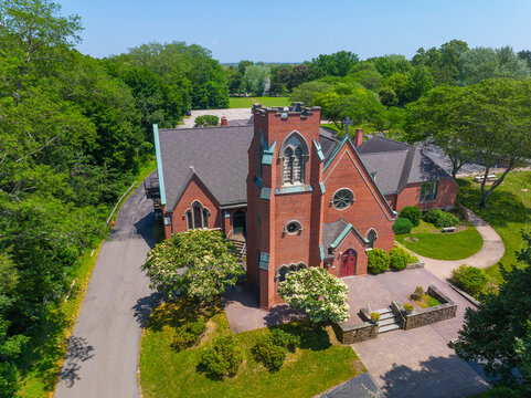 St John's Episcopal Church aerial view at 191 County Road in Barrington Civic Center Historic District in town of Barrington, Rhode Island RI, USA. 