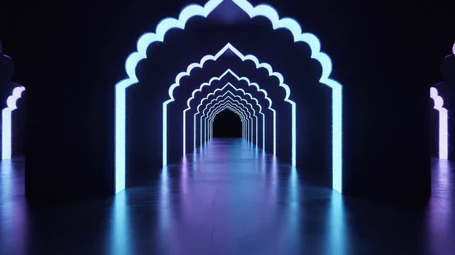 A series of glowing blue archways create a long perspective tunnel in a dark room.
