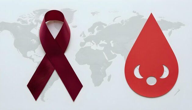 A world map featuring a blood drop and red ribbon, emphasizing global sickle cell awareness and the importance of treatment