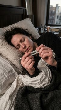 Woman Lying In Bed With Thermometer Showing Fever Illness