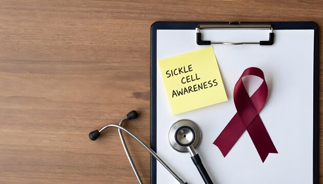 Clipboard with a red ribbon and stethoscope on a wooden table, displaying a note promoting sickle cell awareness month