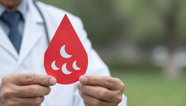Doctor lifts a red paper with a blood drop, emphasizing sickle cell awareness and the importance of health education
