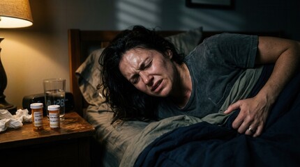 Obraz premium Woman Suffering Illness In Bed At Night With Medication Visible