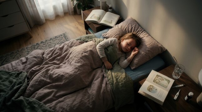 Young Child Sleeping Peacefully While Feeling Unwell In Bed