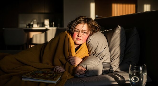 Young Child Under Blanket Feeling Unwell During Golden Hour Light