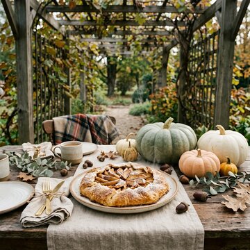 Autumn harvest table with pumpkin pie