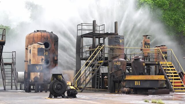 Industrial plant chemical factory refinery storage tank pipeline steam water spray firefighting emergency safety drill with high pressure jets cooling metal vessels, staircase, machinery amid mist