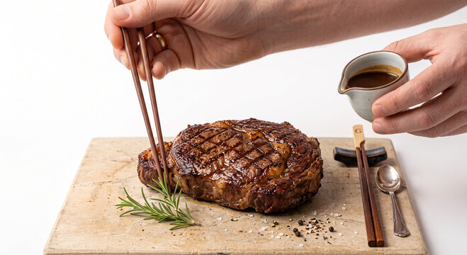 Arranging Rosemary Sprig on Ribeye Steak with Wooden Chopsticks
