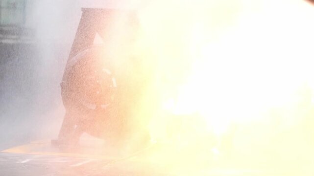 Explosion fire flame smoke vehicle crash danger emergency road fireball scene, accident aftermath aircraft carrier jet catapult launch afterburner steam welding sparks, metal workshop heat haze