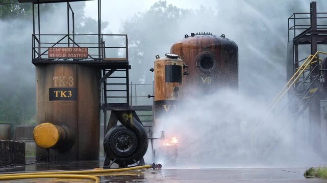 Industrial firefighting training rescue confined space drill with smoke water spray, high pressure hoses cooling steel storage tank, mist steam on wet concrete yard, emergency response facility