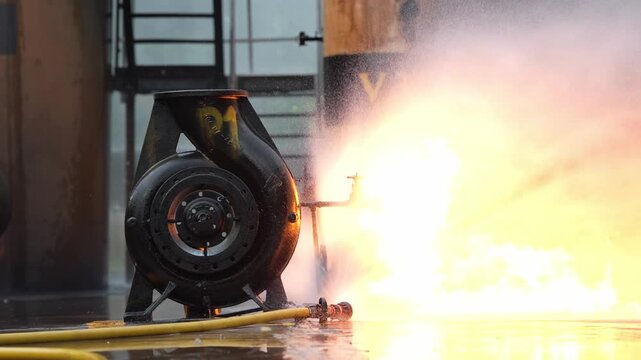 Industrial emergency fire flame smoke hose water foam rescue training drill with ventilation fan, burning spill on wet pavement, plus jet engine turbine exhaust lab test and factory blower hot gas jet