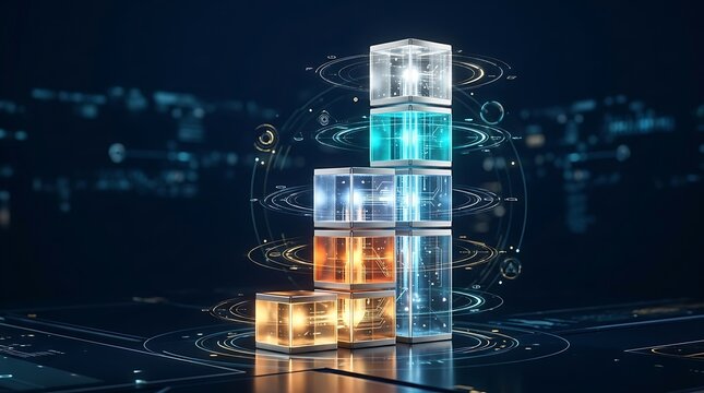 Cubes of glowing light arrange themselves into a vertical bar chart representing digital growth.
