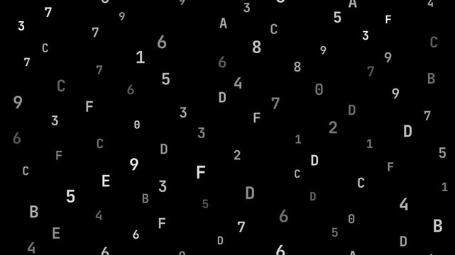 Dense full-frame grid of white monochrome mixed binary and hexadecimal glyphs scrolling downward, each column offset at a different staggered speed, on black background