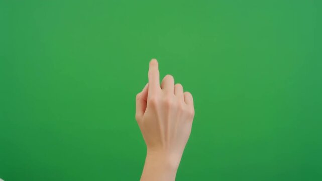 Realistic adult hand performing a vertical scrolling gesture against a clean green screen. Ideal for UI demonstrations, mobile apps, websites, tutorials, advertising, and technology content.