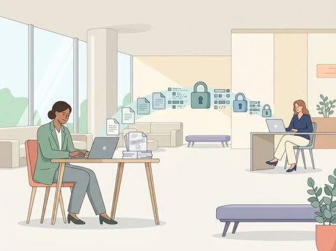 Two women working on laptops in a spacious office, transferring digital documents and files through a secure network with padlock and data