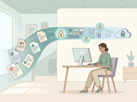 A woman sitting at a desk using a computer, processing documents and data files that flow into a secure cloud storage system with padlock