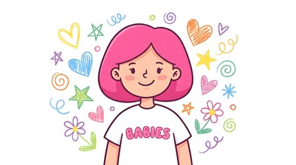 Cute cartoon illustration of a smiling girl with pink hair surrounded by colorful doodle art of hearts, stars, and flowers