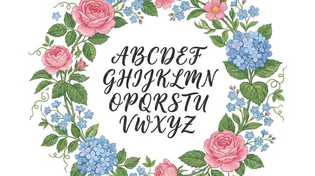Vintage botanical floral wreath with handwritten calligraphy alphabet font, featuring pink roses and blue hydrangea flowers on white background.