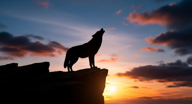 Silhouette of a wolf howling on a rocky cliff during a colorful sunset