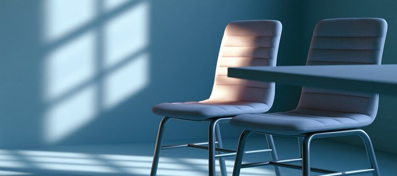 Empty meeting chairs slightly misaligned around office table in dramatic daylight