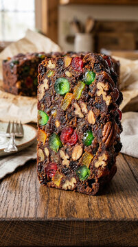 A close-up view of a dense fruitcake loaf featuring colorful candied cherries and nuts.