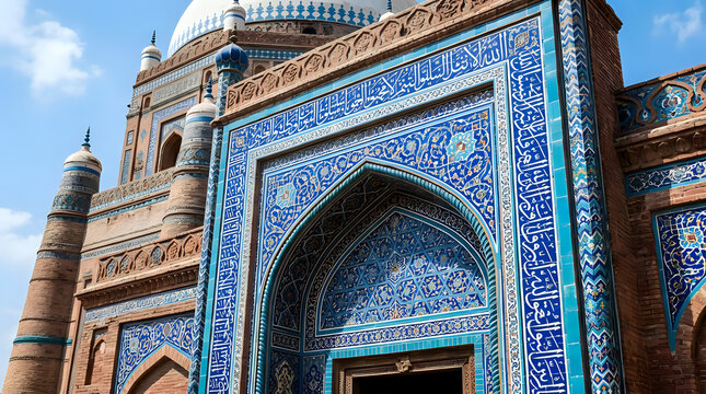 Architectural detail of ancient tomb facade with blue glazed tiles architecture building heritage historic landmark cultural monument religion geometric structure