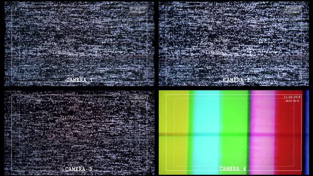 Monitoring Screen Overlay with Multiple Data Displays, Glitch Distortion and Error Signal Interface for Horror Surveillance Footage