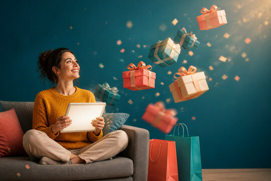 Woman shopping online with floating gift boxes，浮遊するギフトボックスに囲まれてオンラインショッピングをする女性