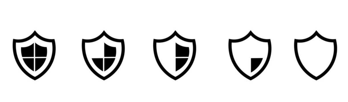 Set of shield icons with progress level indicators in a simple flat style