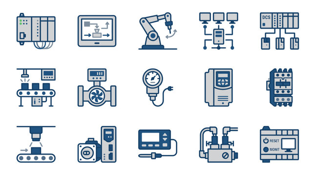 Industrial Automation and Control System Icons Set for Smart Manufacturing and Factory Engineering