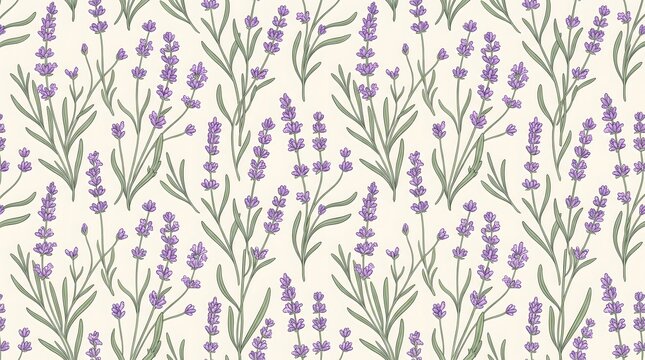 Seamless pattern with hand drawn lavender flowers on a light cream background