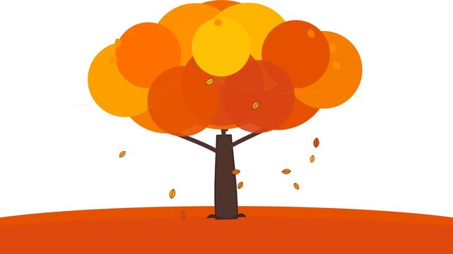 A stylized autumn tree sheds vibrant orange leaves against a clean white background in a simple flat motion graphics style.