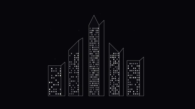 Neon line buildings illuminate sequentially in a minimalist urban animation with white glowing lights on a black background.
